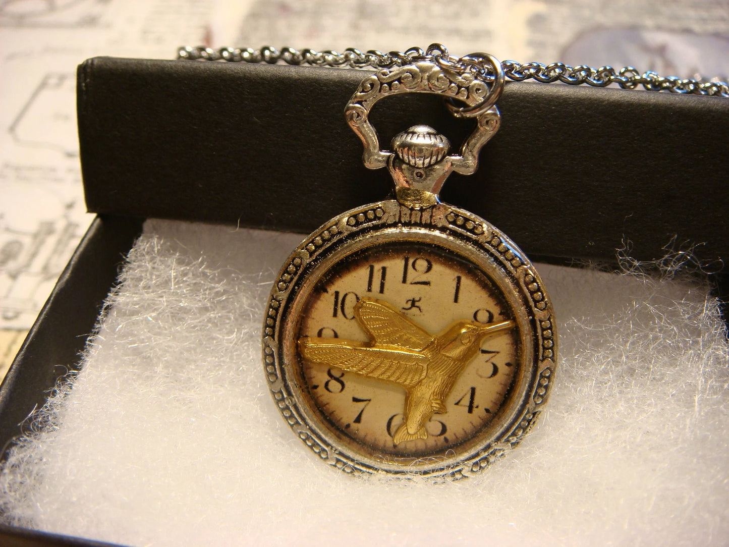 Hummingbird over Clock Pocket Watch Pendant Necklace