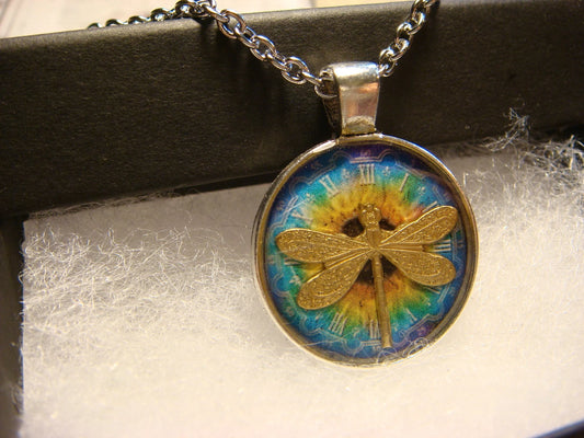 Dragonfly over Colorful Clock Small Pendant Necklace