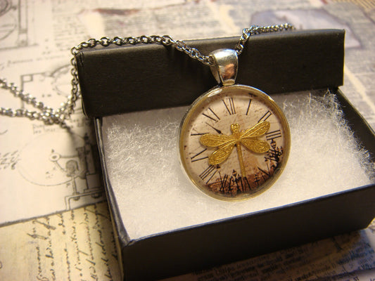 Dragonfly over Victorian Clock Pendant Necklace