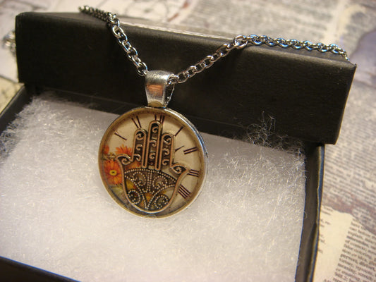 Hamsa over Floral Clock Small Pendant Necklace
