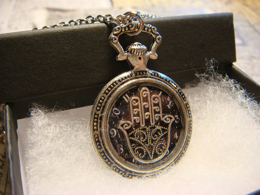Hamsa over Clock Pocket Watch Pendant Necklace