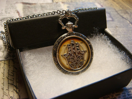 Hamsa over Compass Pocket Watch Pendant Necklace