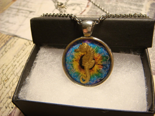 Seahorse over Colorful Clock Pendant Necklace