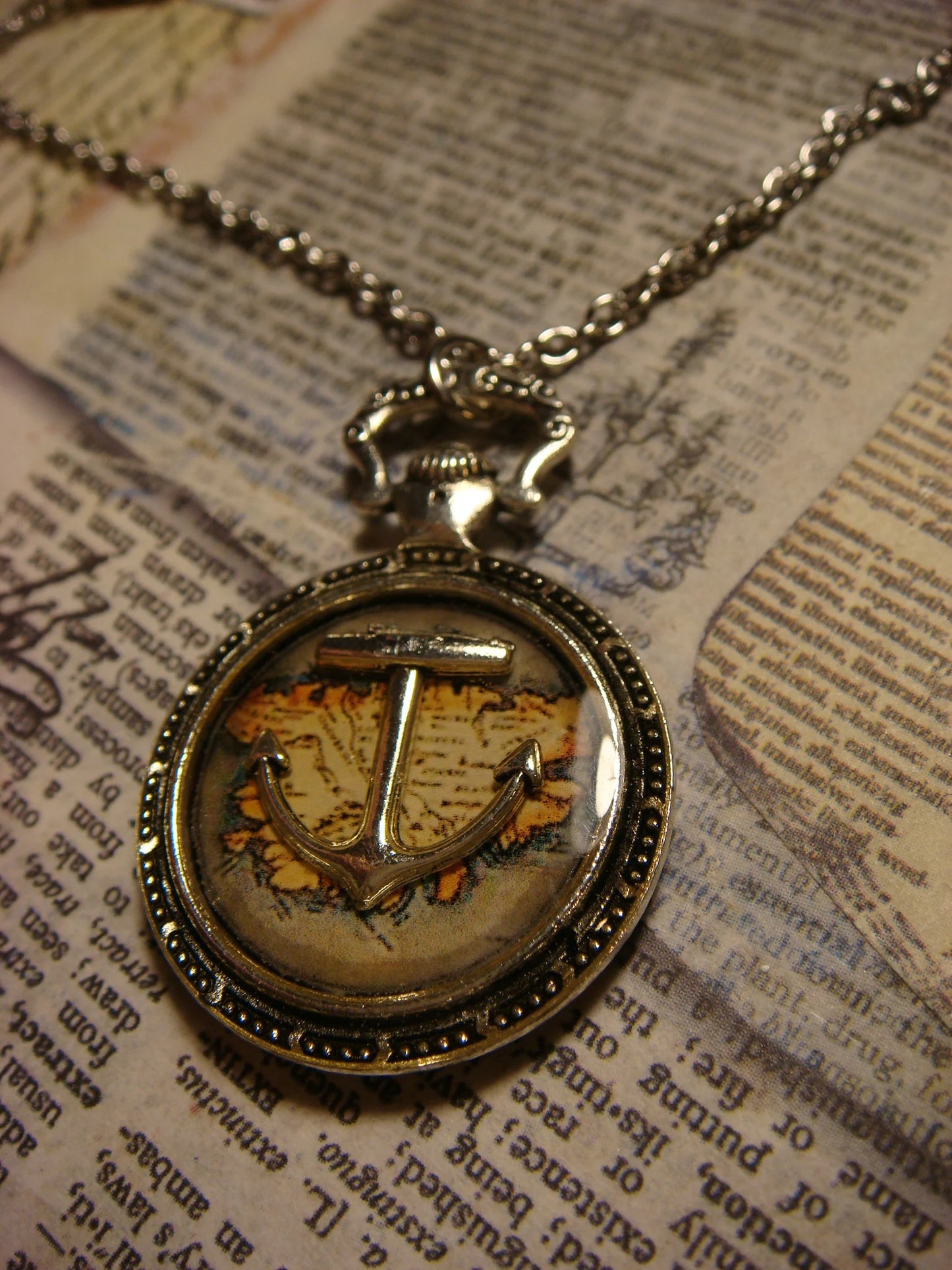 Anchor over Map Pocket Watch Pendant Necklace