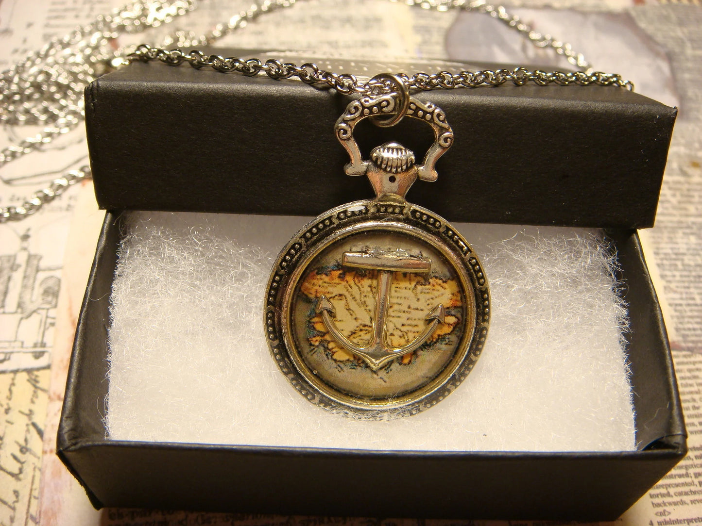 Anchor over Map Pocket Watch Pendant Necklace