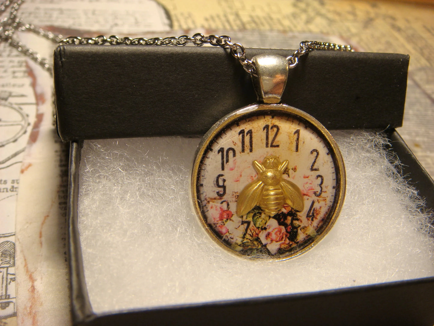 Bee over Floral Clock Pendant Necklace