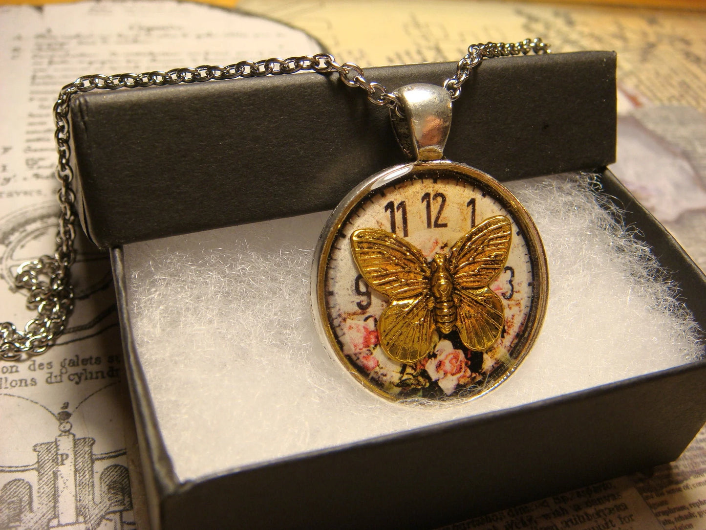 Butterfly over Floral Clock Pendant Necklace