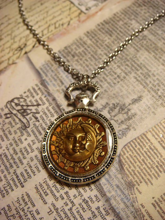 Sun and Moon over Etched Gear Pocket Watch Pendant Necklace