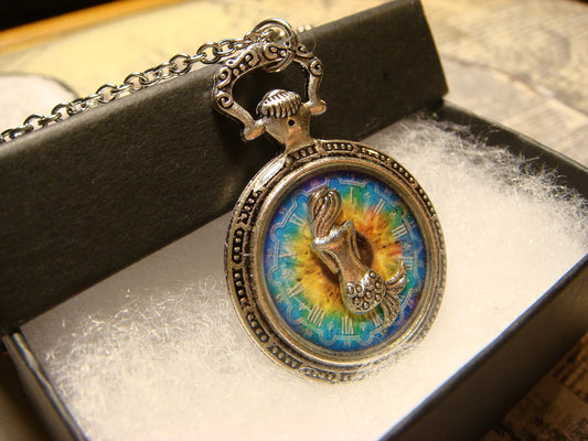 Mermaid over Colorful Clock Pocket Watch Pendant Necklace