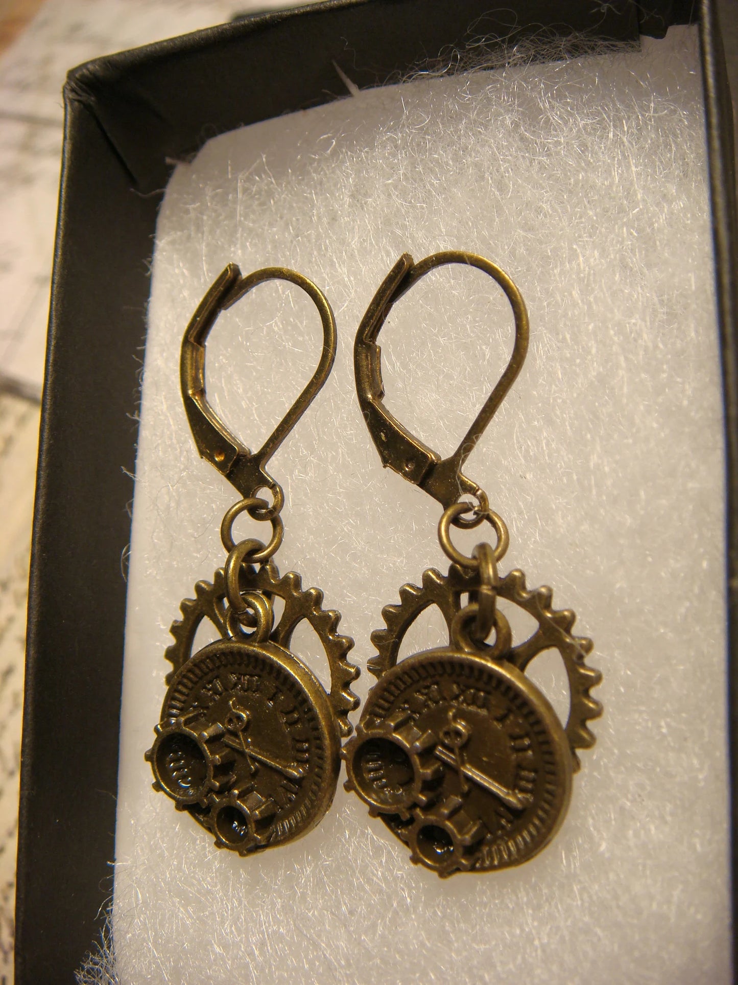 Pocket Watch and Gear Dangle Earrings in Antique Bronze