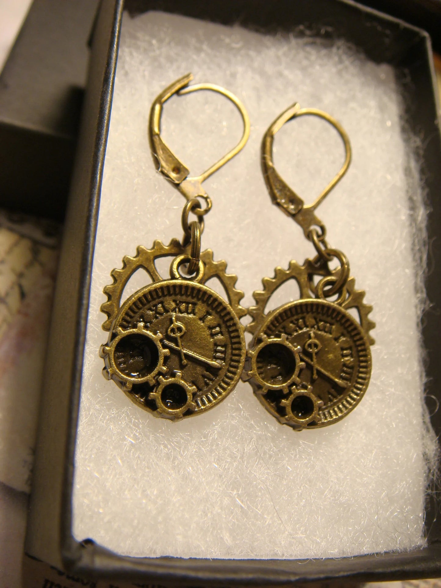 Pocket Watch and Gear Dangle Earrings in Antique Bronze