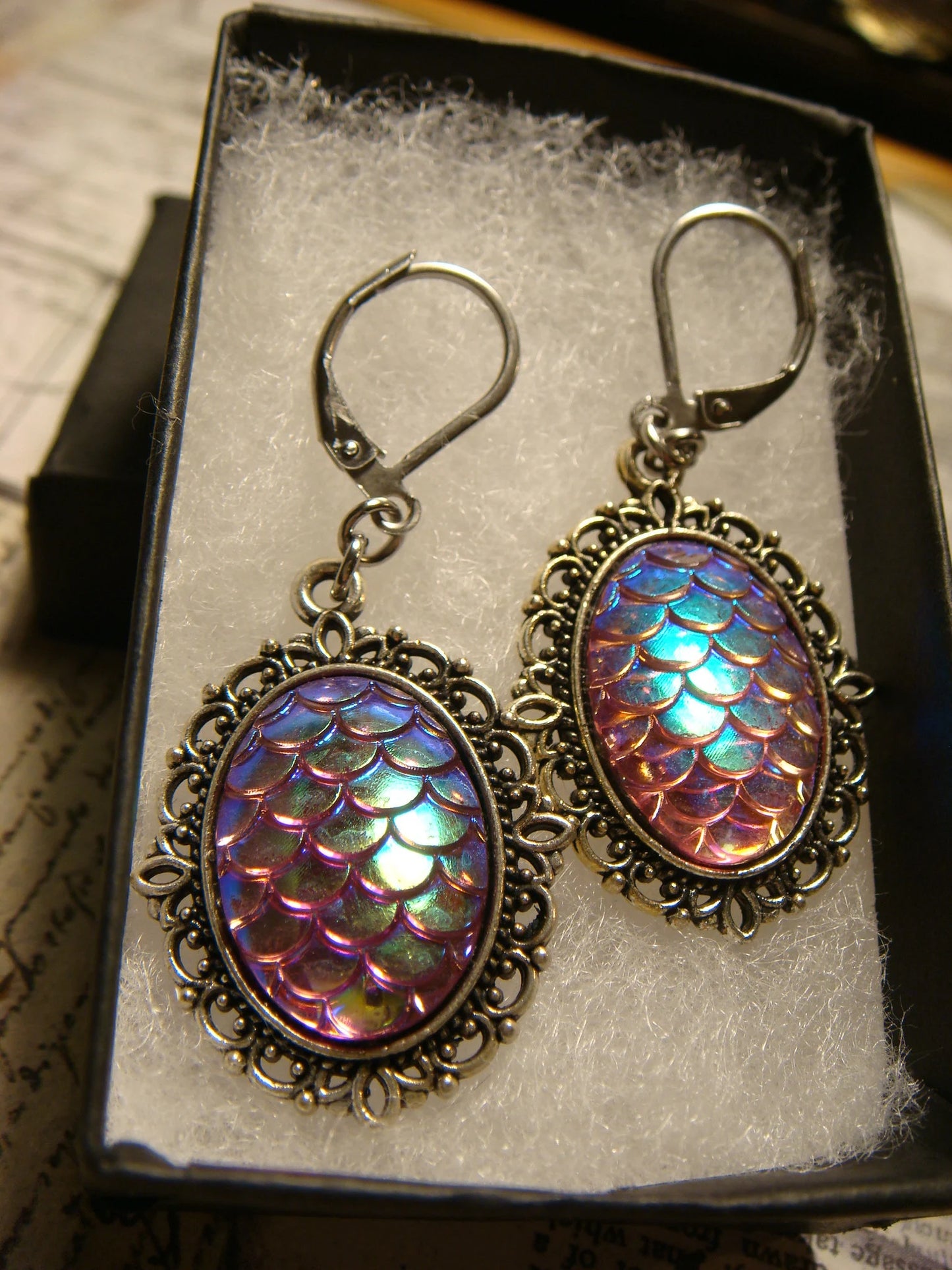 Iridescent Pink Scales Ornate Dangle Earrings