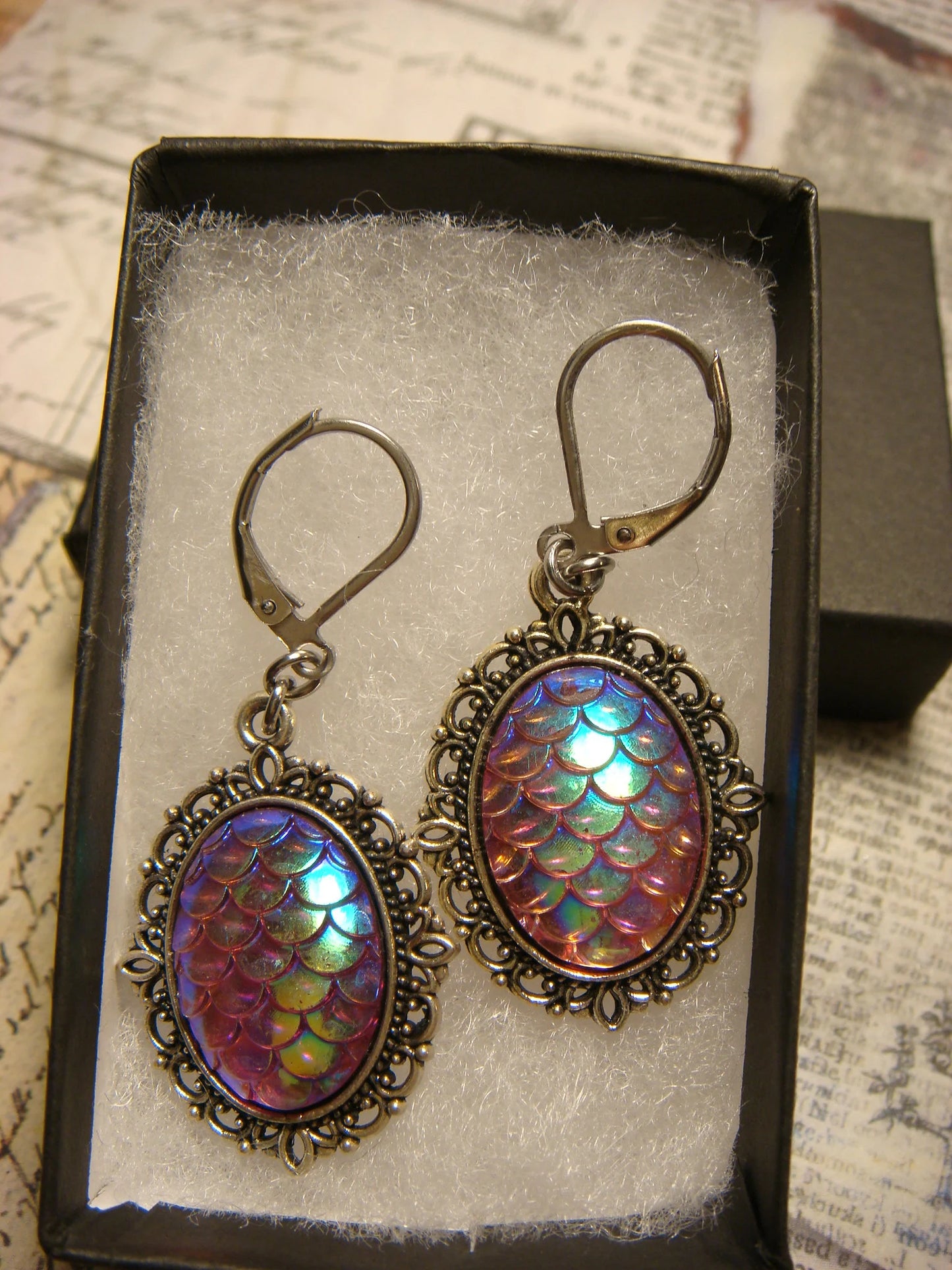 Iridescent Pink Scales Ornate Dangle Earrings