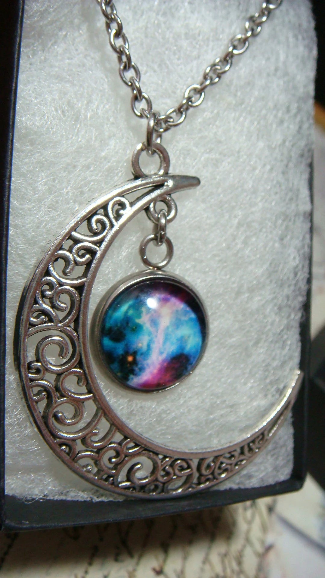 Nebula Galaxy Image in Crescent Moon Necklace