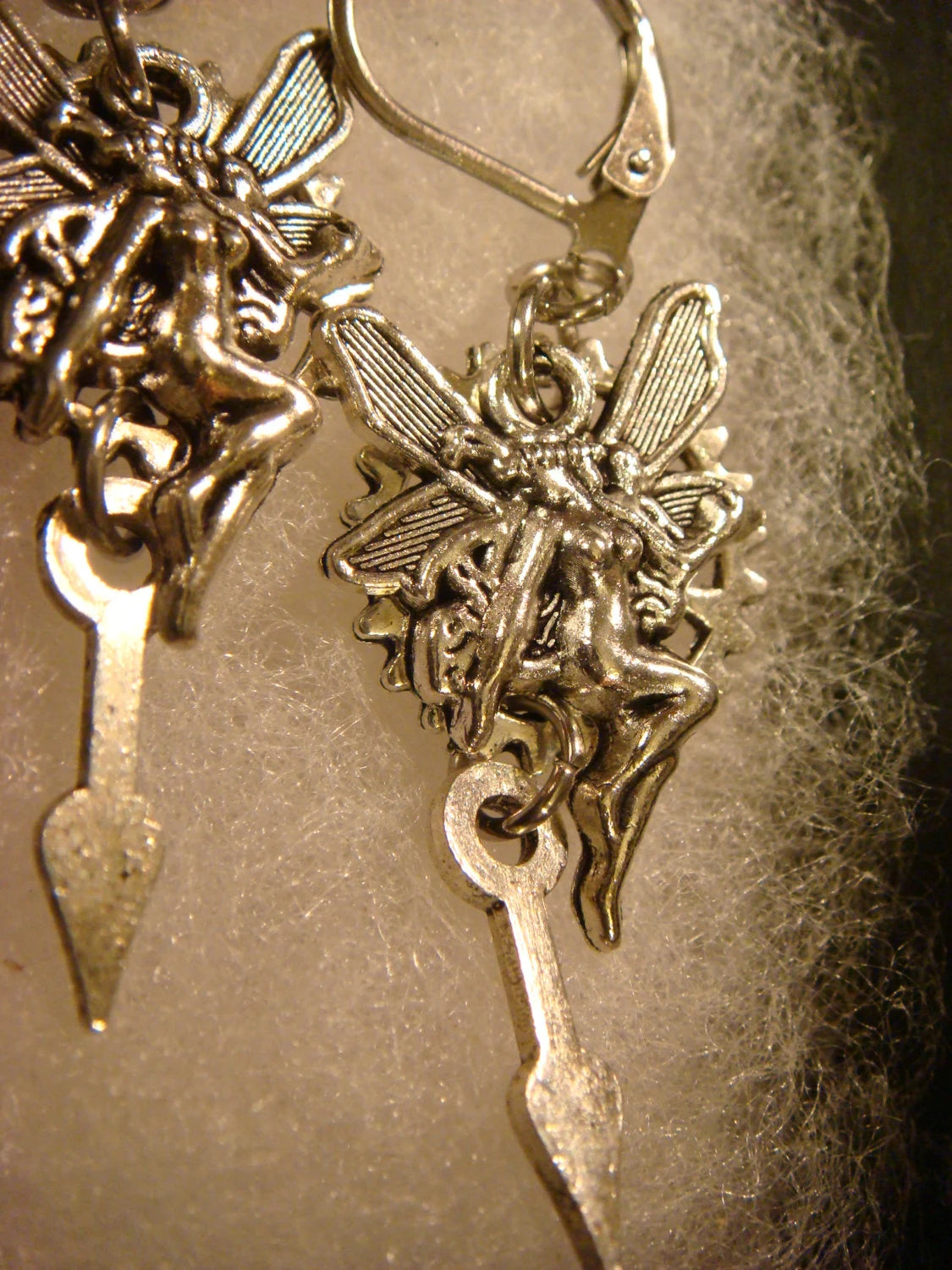 Fairy and Gear Dangle Earrings in Antique Silver