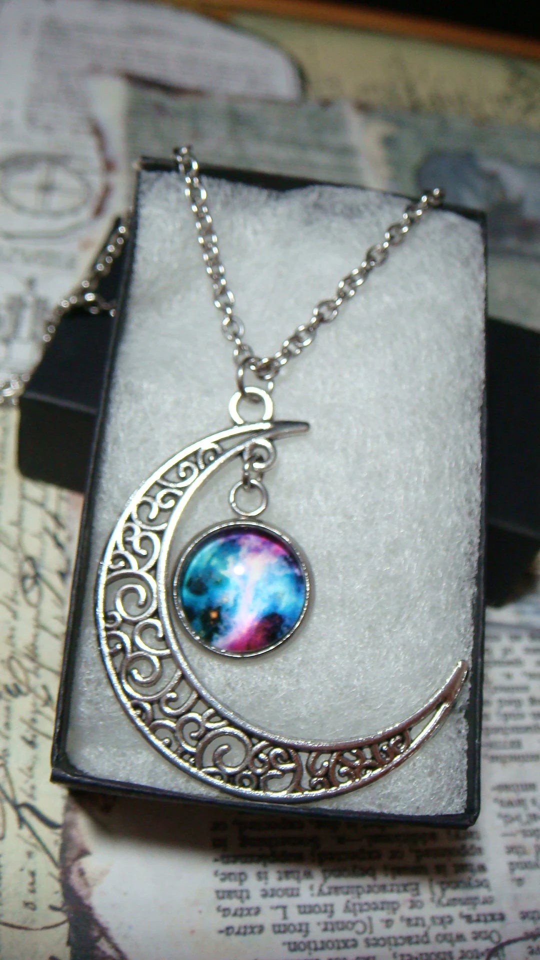 Nebula Galaxy Image in Crescent Moon Necklace