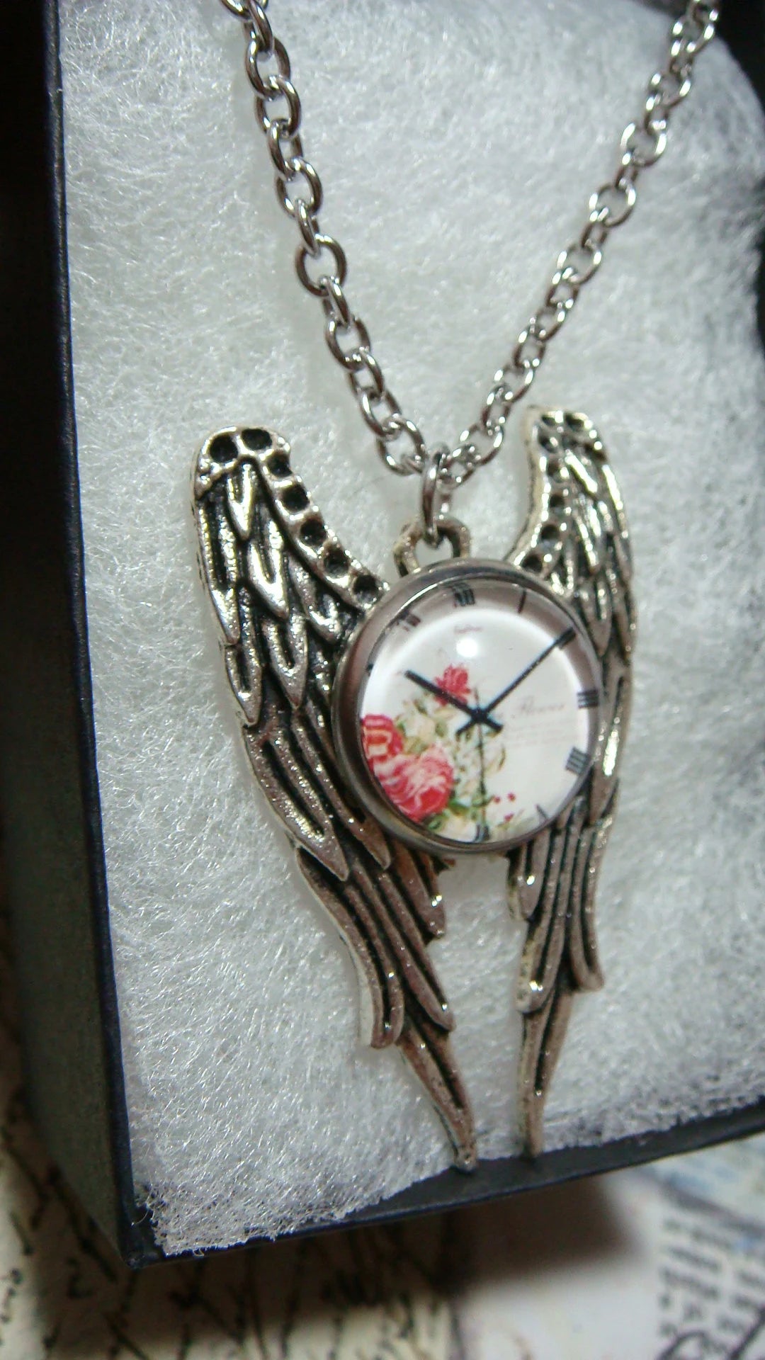 Floral Clock Image on Angel Wings Necklace