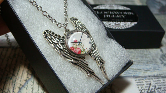 Floral Clock Image on Angel Wings Necklace