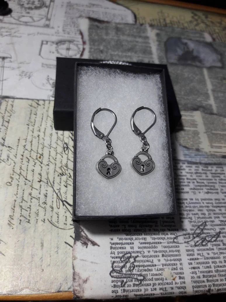 Heart Lock Dangle Earrings in Antique Silver