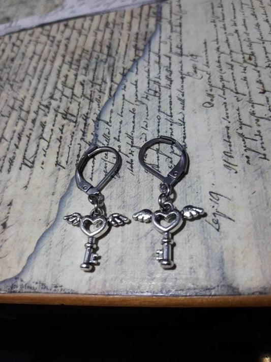 Winged Heart Key Dangle Earrings in Antique Silver