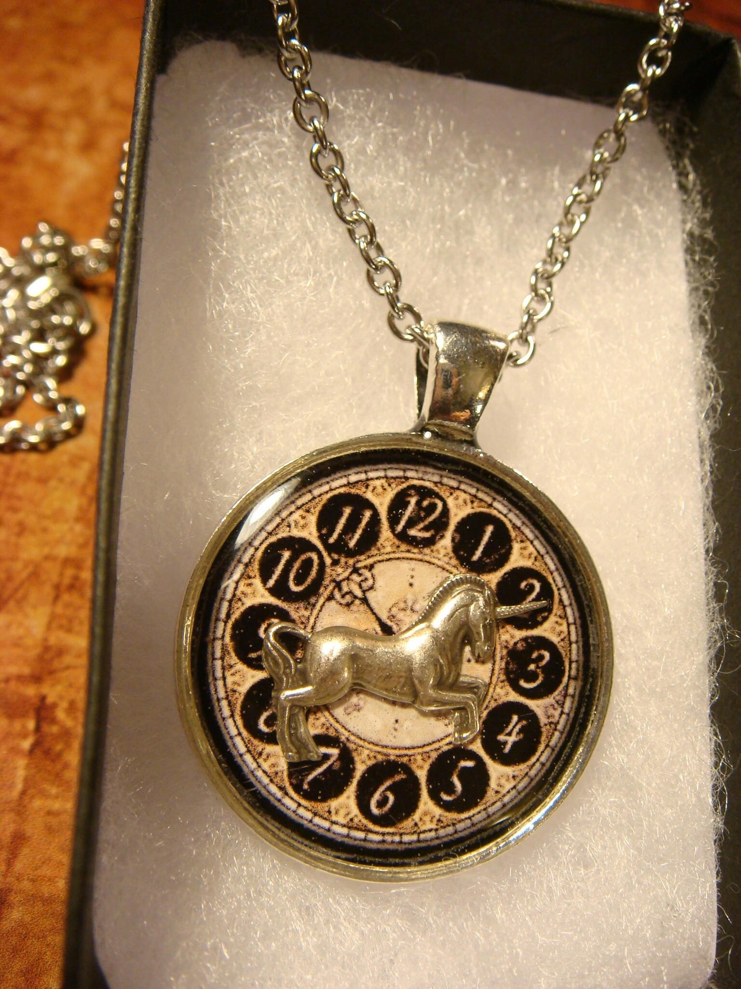 Unicorn over Clock Pendant Necklace