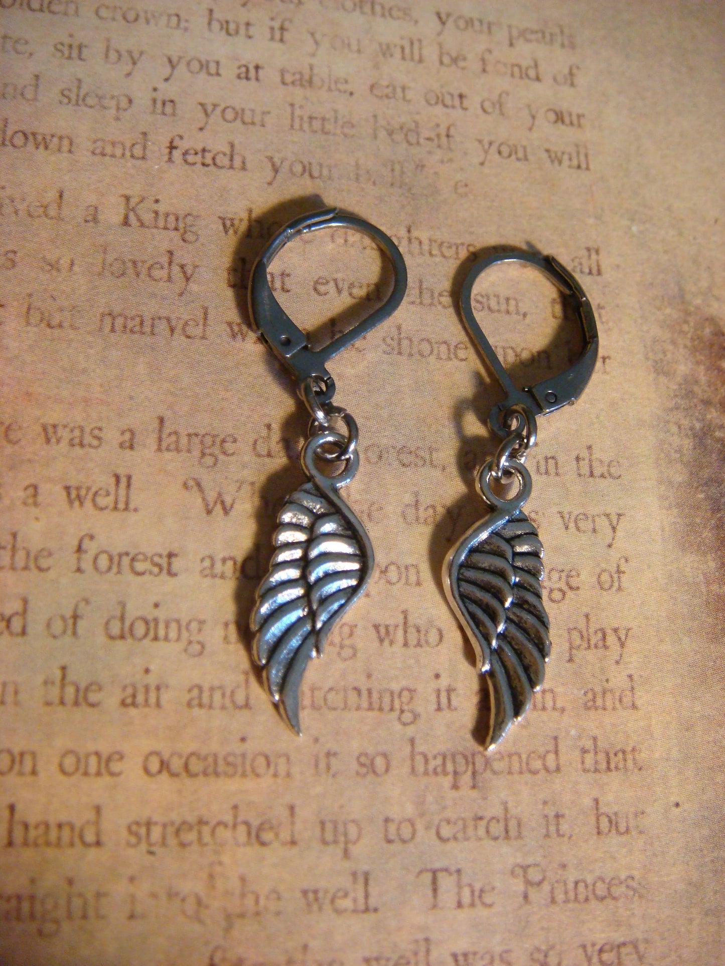 Small Angel Wings Dangle Earrings in Antique Silver