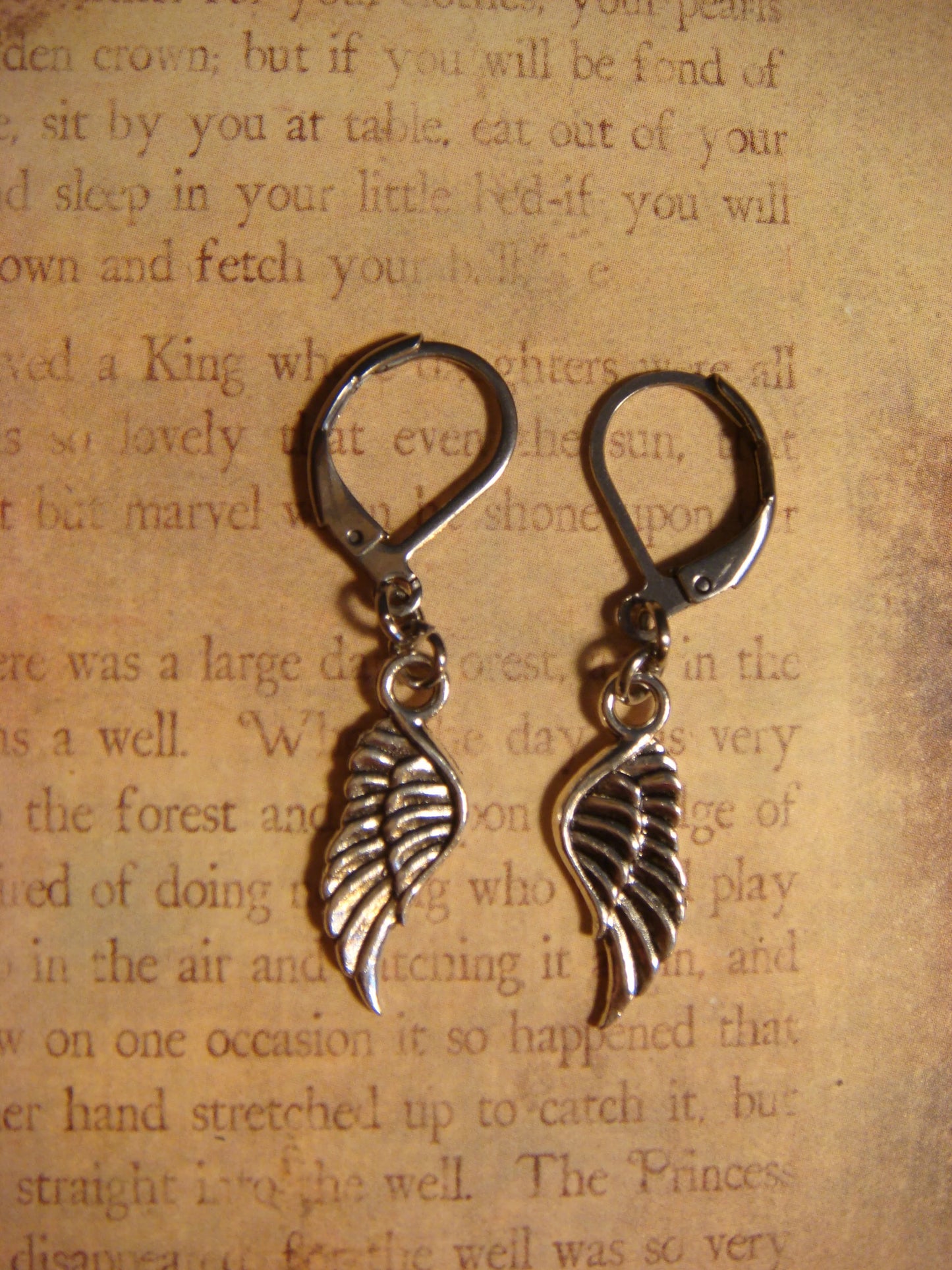 Small Angel Wings Dangle Earrings in Antique Silver