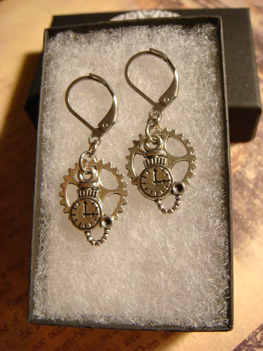 Pocket Watch and Gear Dangle Earrings in Antique Silver