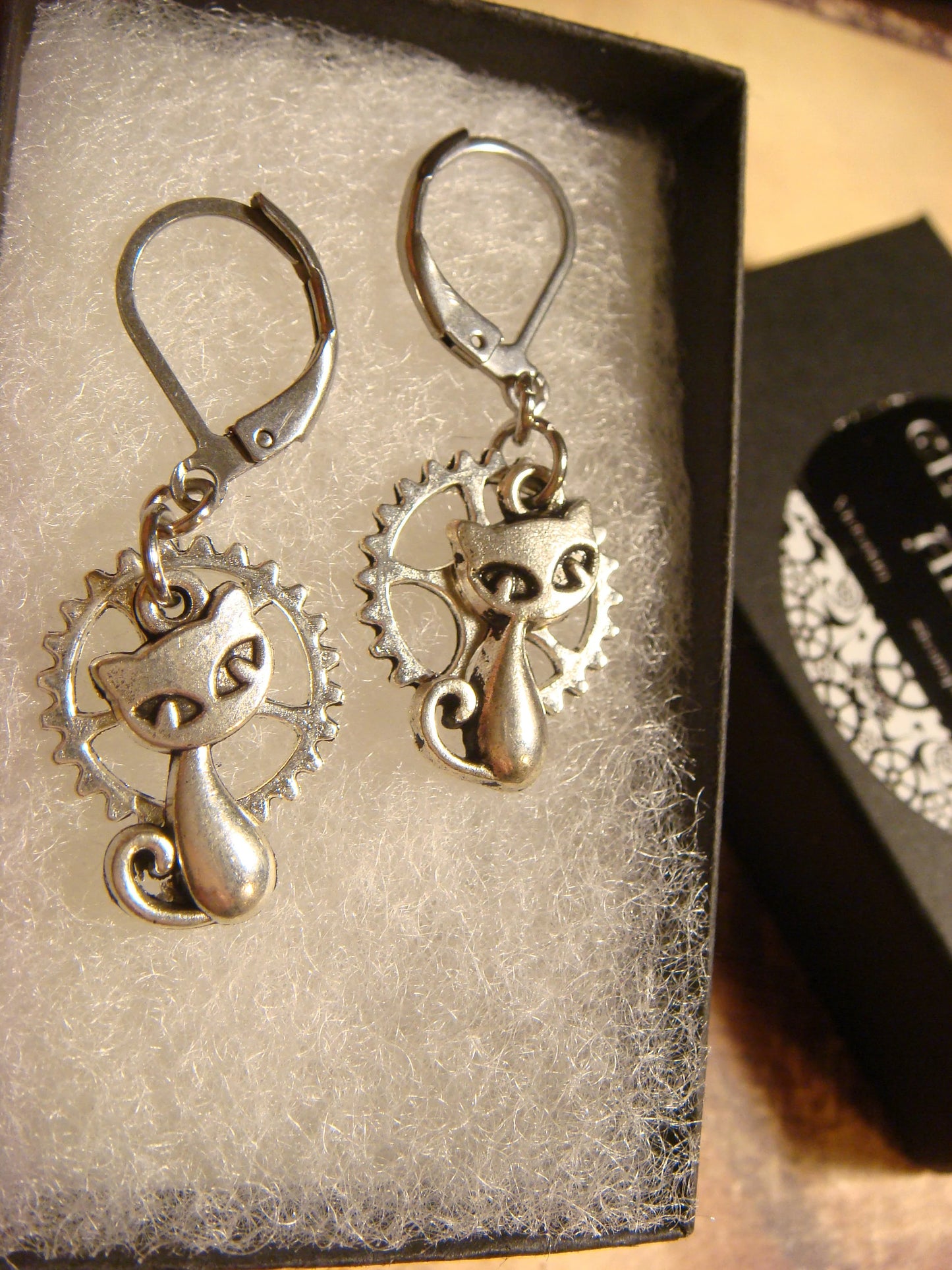 Cat and Gear Dangle Earrings in Antique Silver