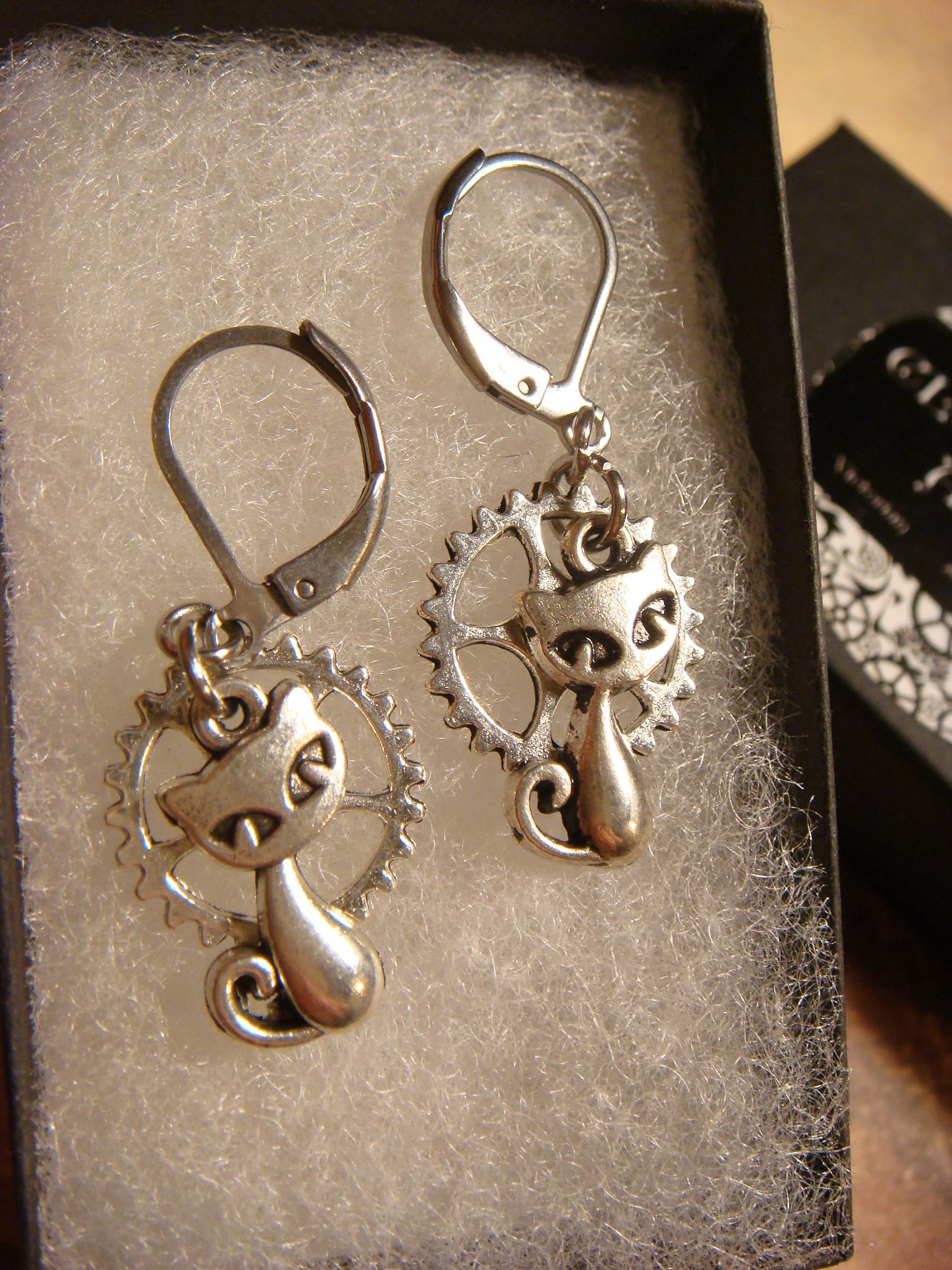 Cat and Gear Dangle Earrings in Antique Silver