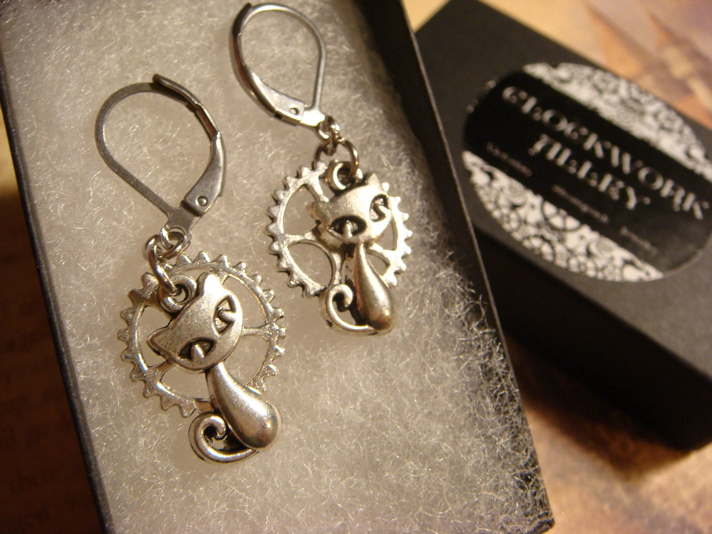 Cat and Gear Dangle Earrings in Antique Silver