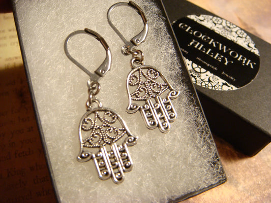 Hamsa Dangle Earrings in Antique Silver