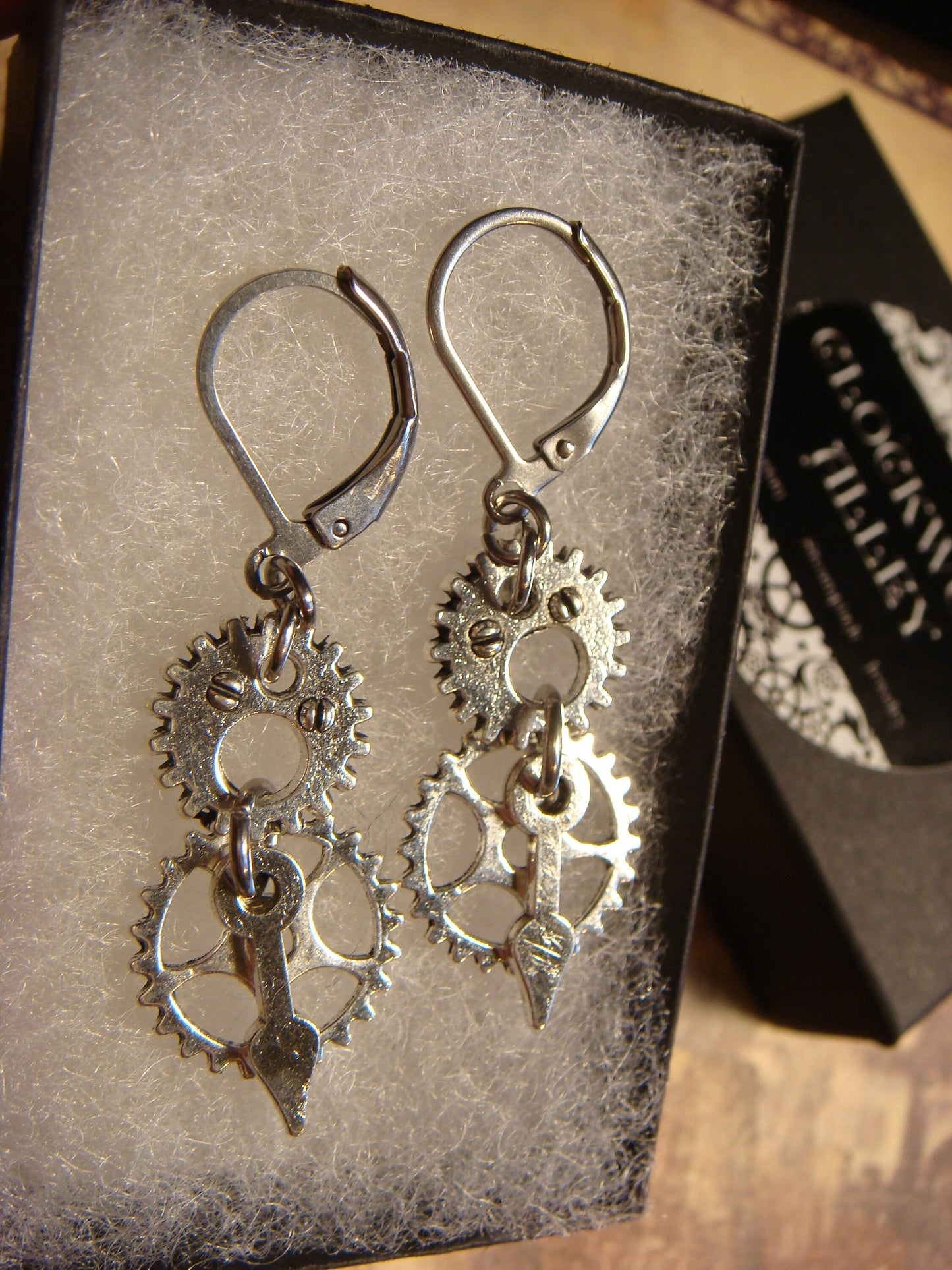 Gears and Watch Hands Dangle Earrings in Antique Silver