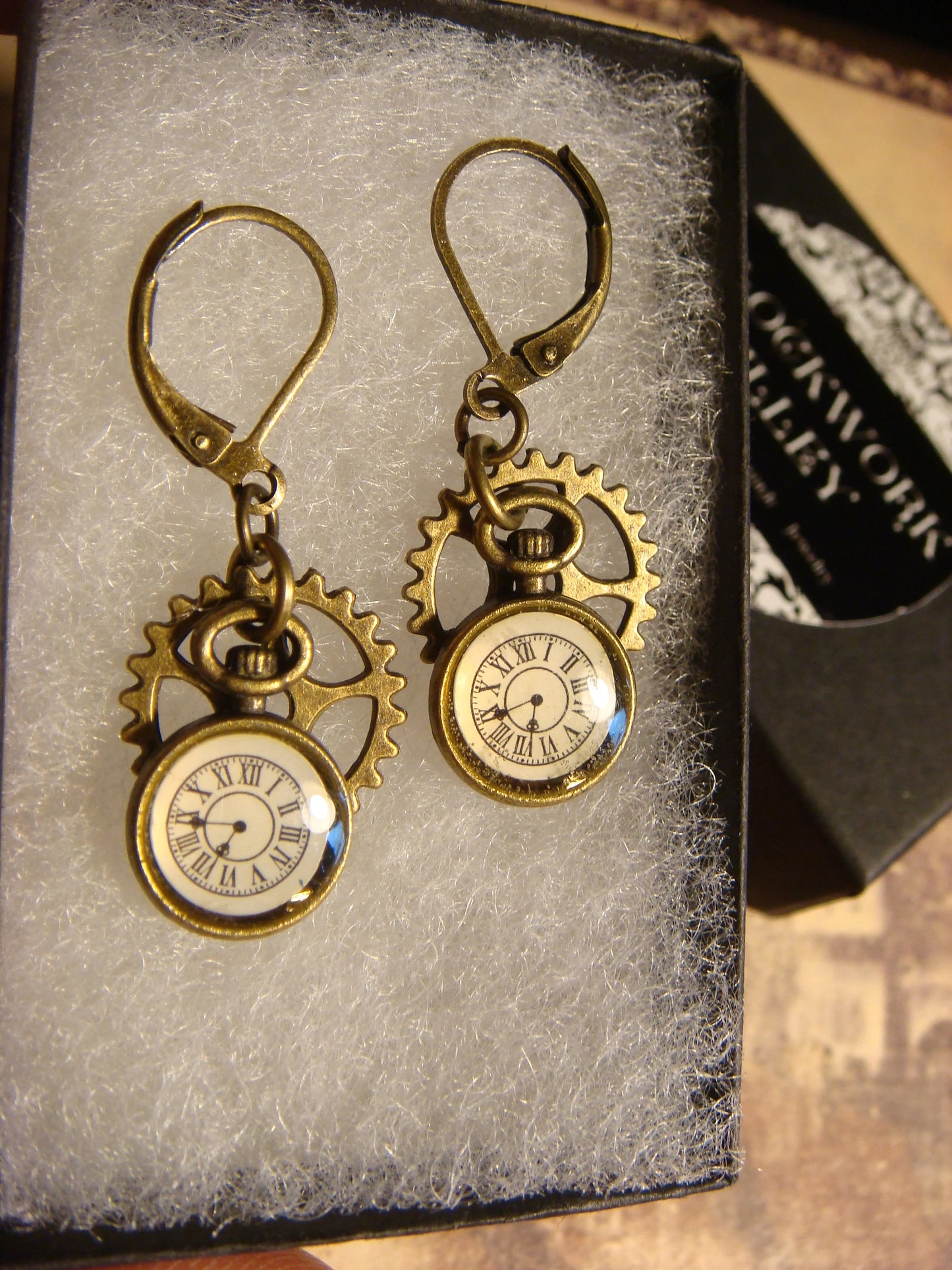 Pocket Watch and Gear Dangle Earrings in Antique Bronze