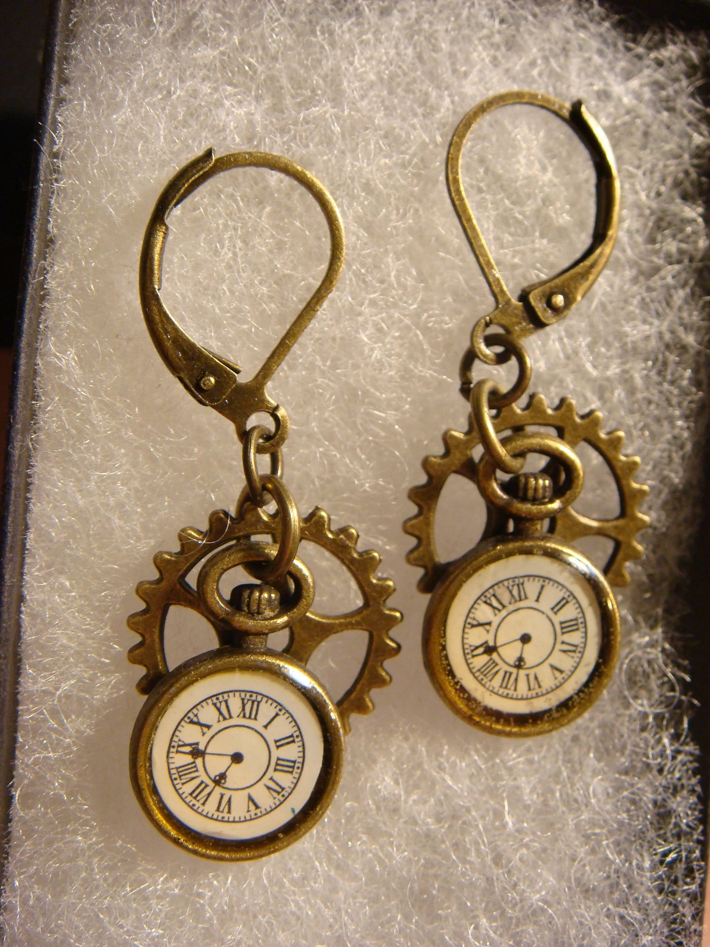 Pocket Watch and Gear Dangle Earrings in Antique Bronze