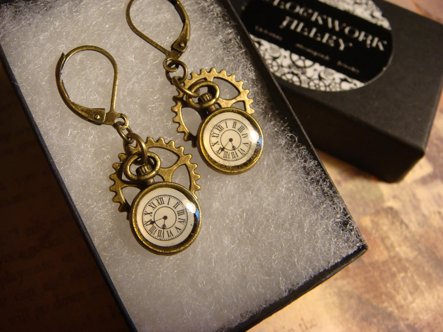 Pocket Watch and Gear Dangle Earrings in Antique Bronze