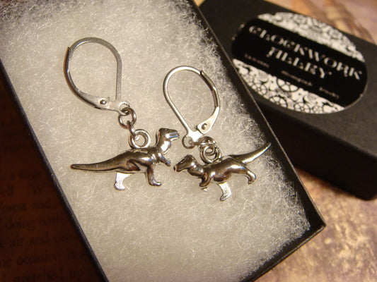 Dinosaur T-Rex Dangle Earrings in Antique Silver