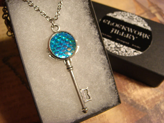 Iridescent Blue Scales Key Necklace