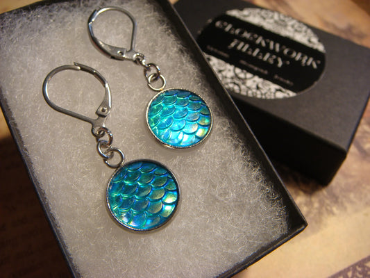 Iridescent Blue Scales Stainless Steel Dangle Earrings