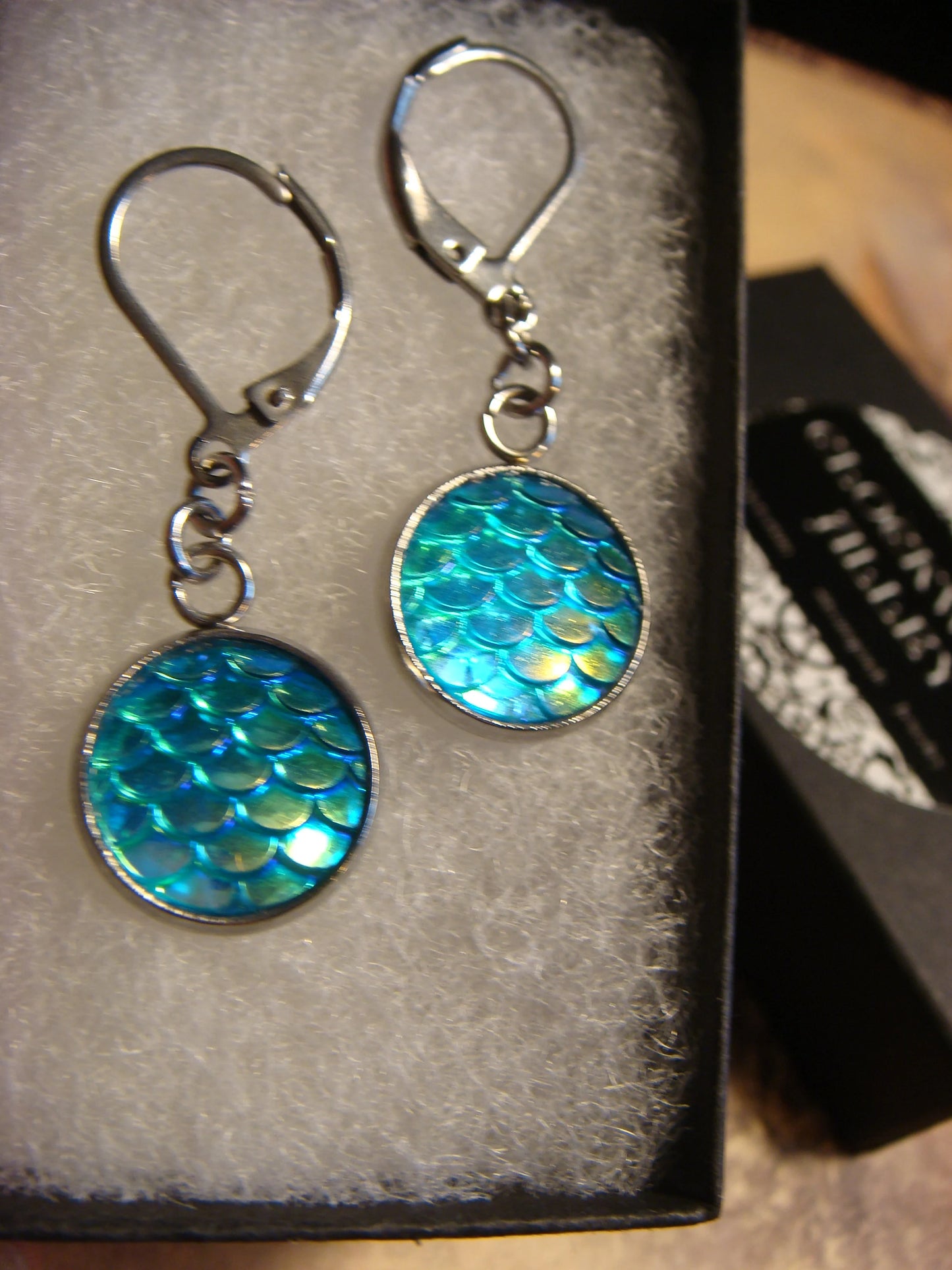 Iridescent Blue Scales Stainless Steel Dangle Earrings