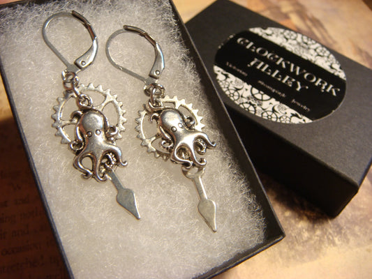 Octopus and Gear Dangle Earrings in Antique Silver