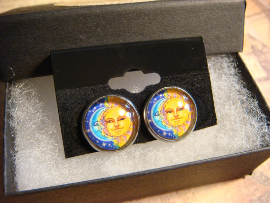 Moon and Sun Image Stainless Steel Stud Earrings