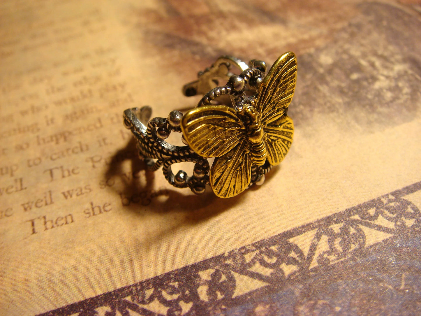 Butterfly Filigree Ring in Antique Silver - Adjustable