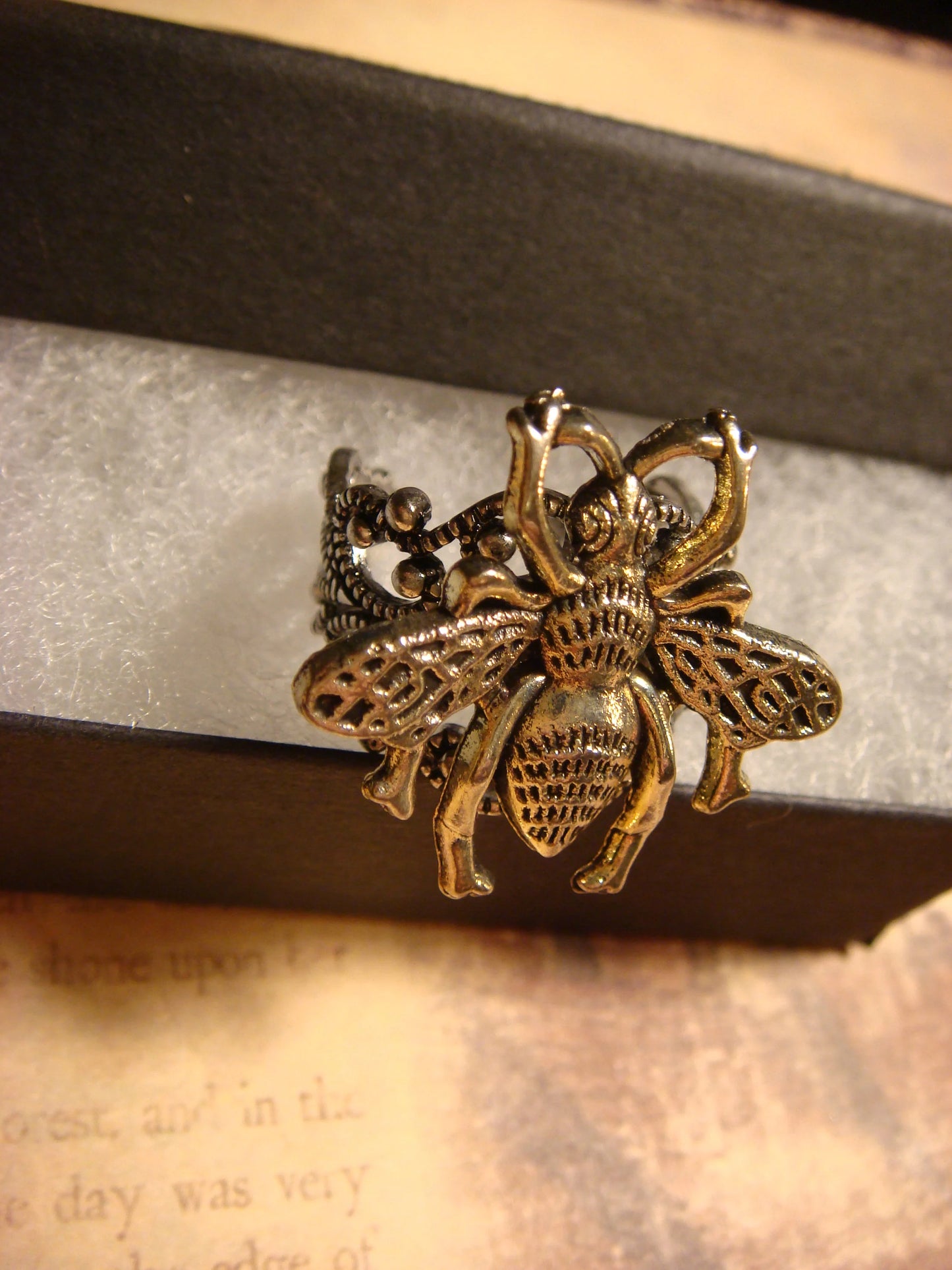 Bee Filigree Ring in Antique Silver - Adjustable