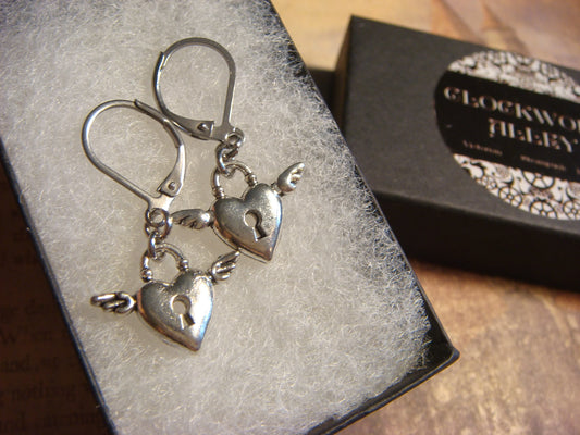 Winged Heart Lock Dangle Earrings in Antique Silver