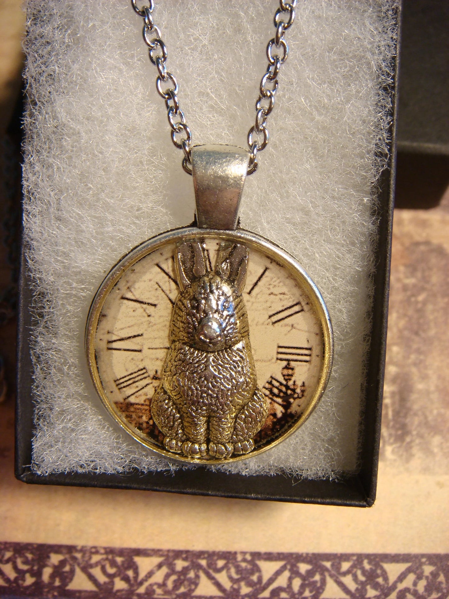 Bunny Rabbit over Victorian Clock Pendant Necklace