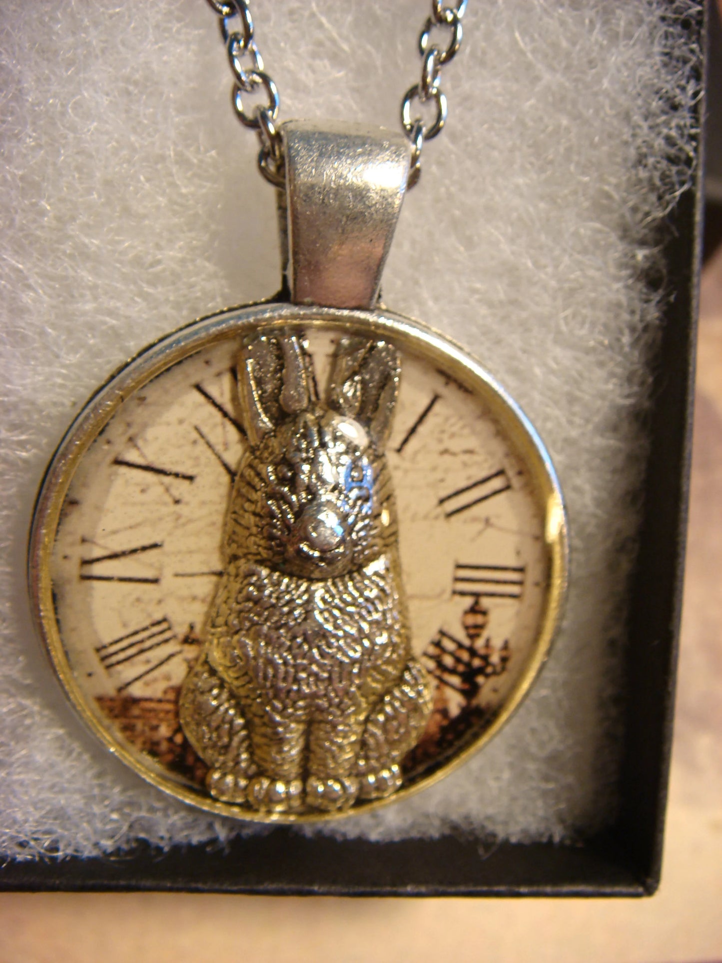 Bunny Rabbit over Victorian Clock Pendant Necklace
