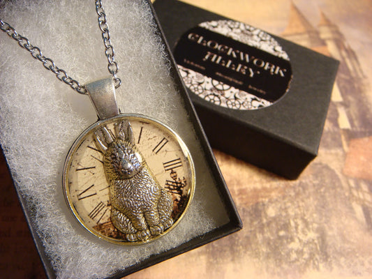 Bunny Rabbit over Victorian Clock Pendant Necklace