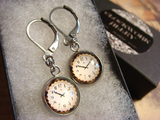 Clock Image Stainless Steel Dangle Earrings