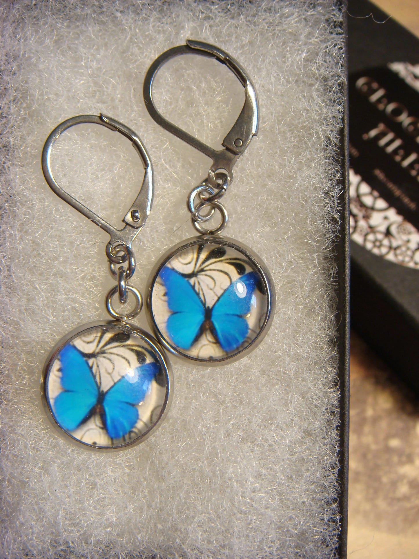 Blue Butterfly Image Stainless Steel Dangle Earrings